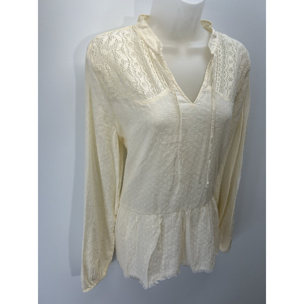 True Craft Women Atlas Ivory Pleated V Neck Crochet Gauze Top Size Large.