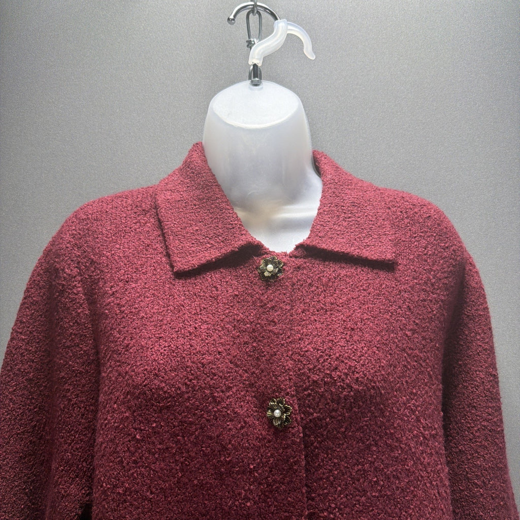 J. Jill Womens Large Cranberry Boucle Floral Snap Cardigan Sweater New