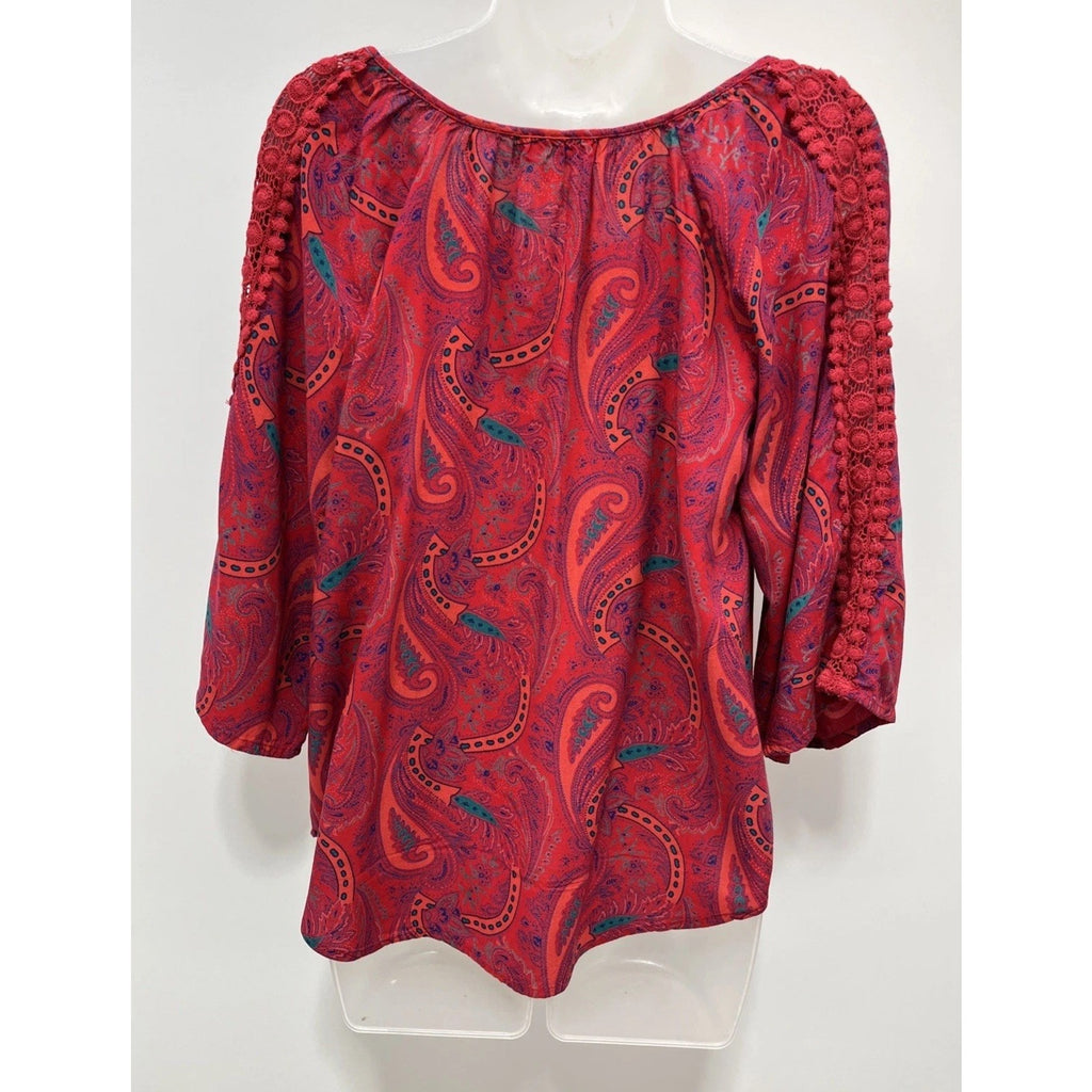 Umgee Women’s Size Medium Multicolor Crotchet Sleeve Tie Neck Paisley Blouse