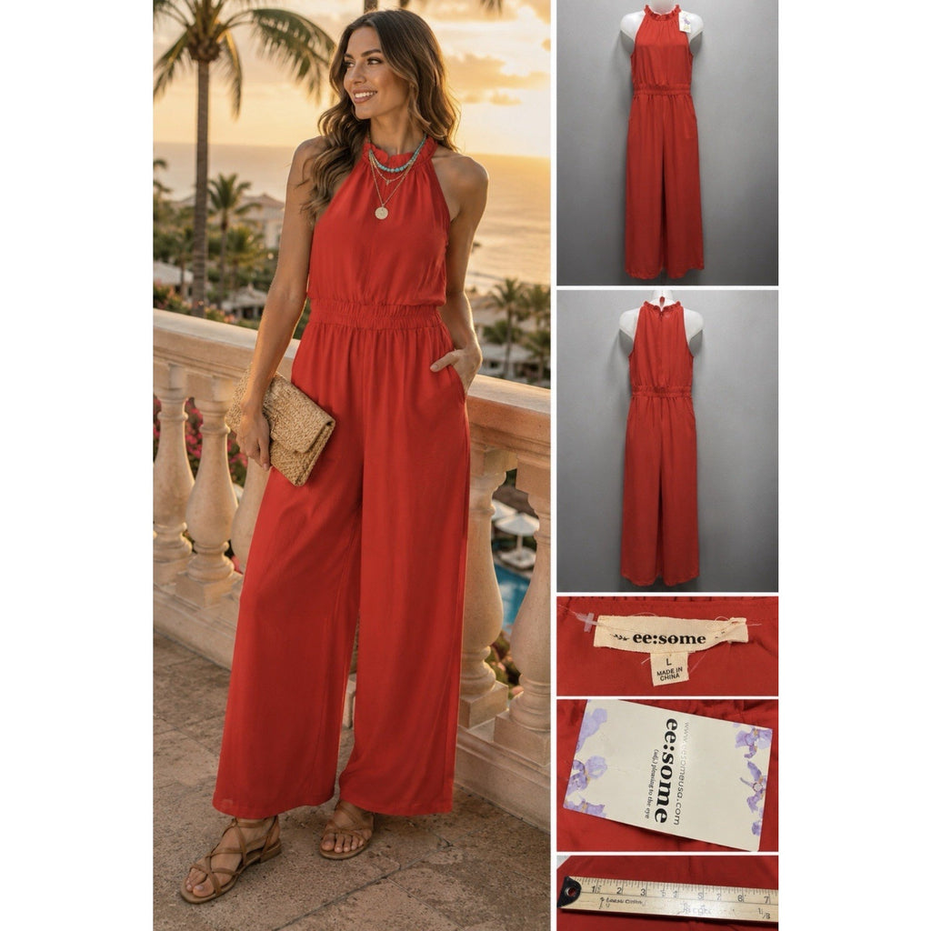 Ee:some Women’s Red Wide Leg Romper Jumpsuit Size Large Pockets Stretch NWT