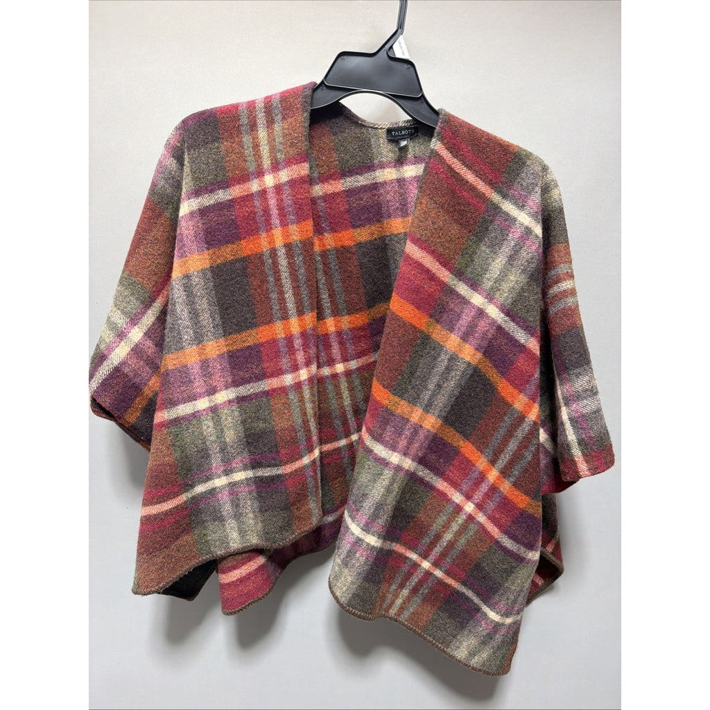 Talbots Cape Womens One Size Red Brown Plaid Wool Blend Open Front Poncho Boho