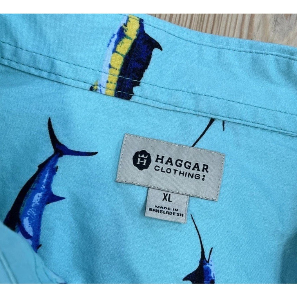 Haggar Mens XL Short Sleeve Button Shirt Teal Marlin Print