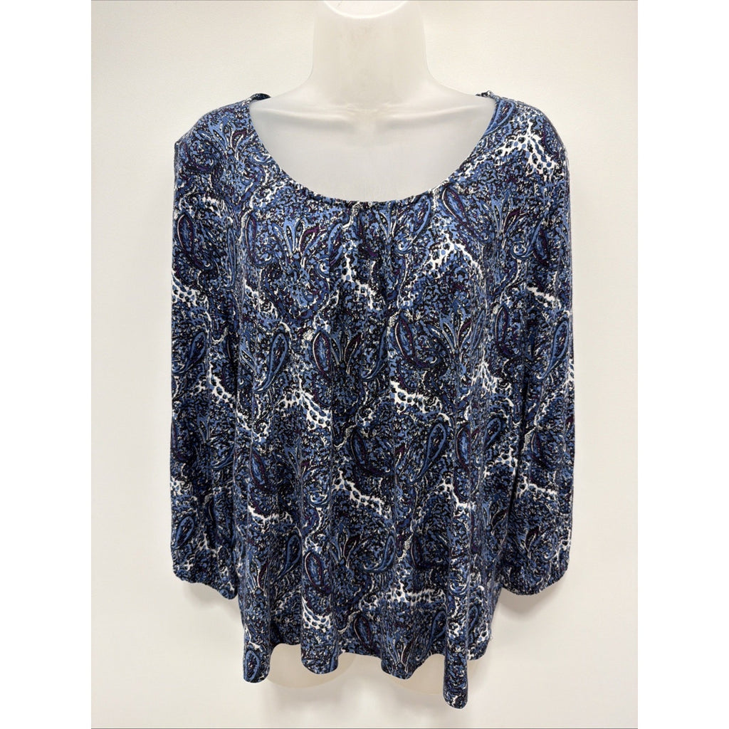 Womens Top-TALBOTS-blue/white/purple paisley rayon knit pleated neck 3/4 PXL