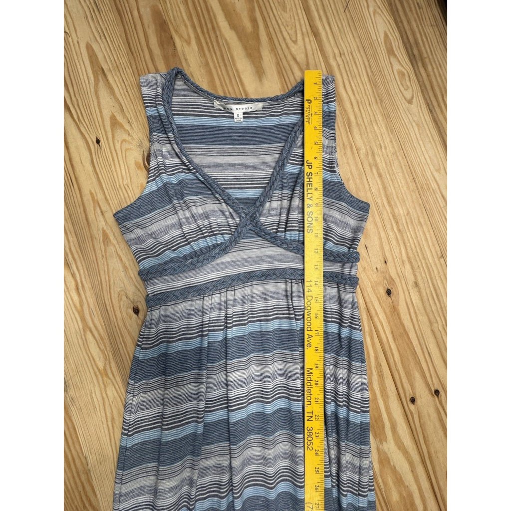 Max Studio Dress Blue Gray Striped S Stretch Maxi V-Neck