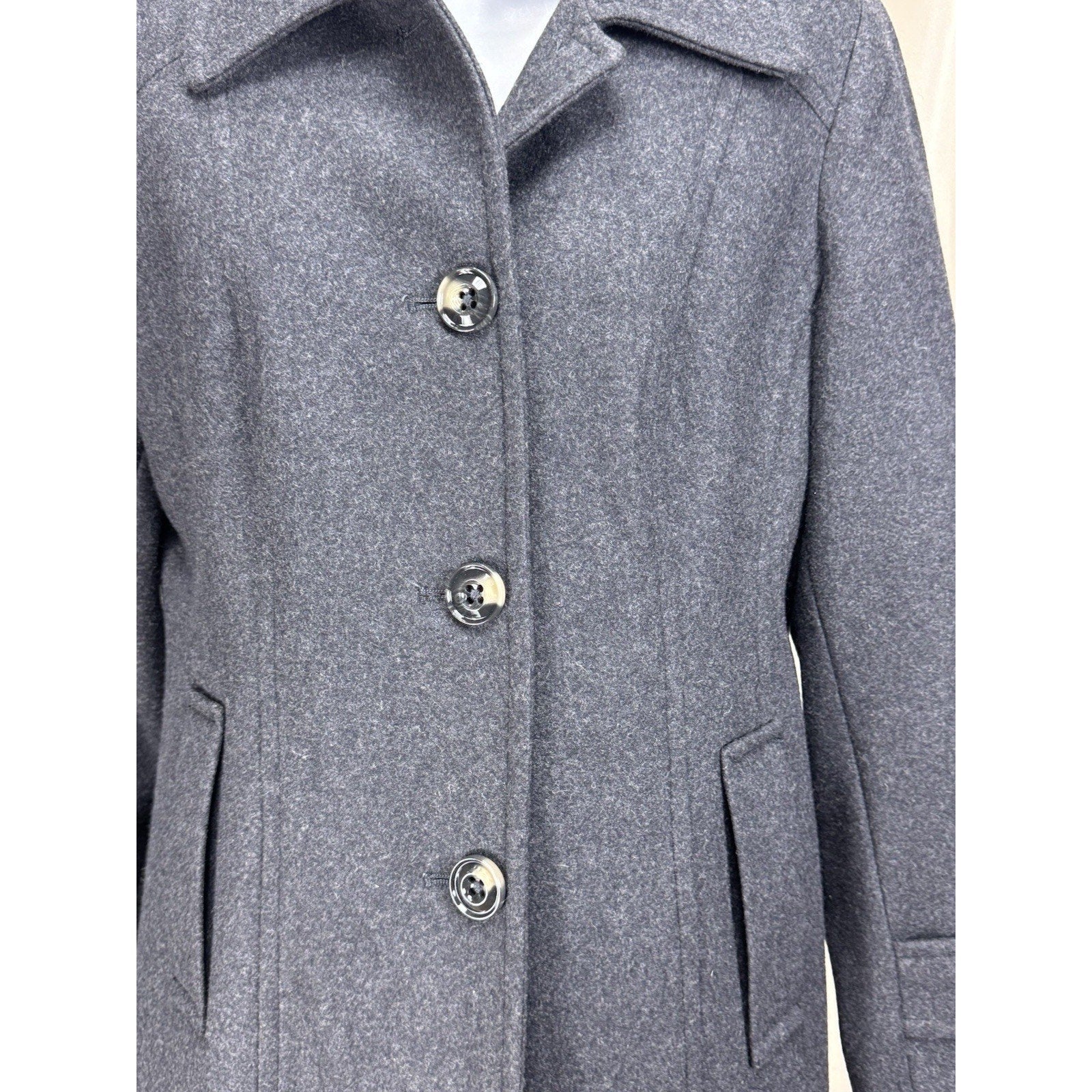Women's PL London Fog Wool Blend Dark Charcoal Button Front Pea Coat Medium EUC