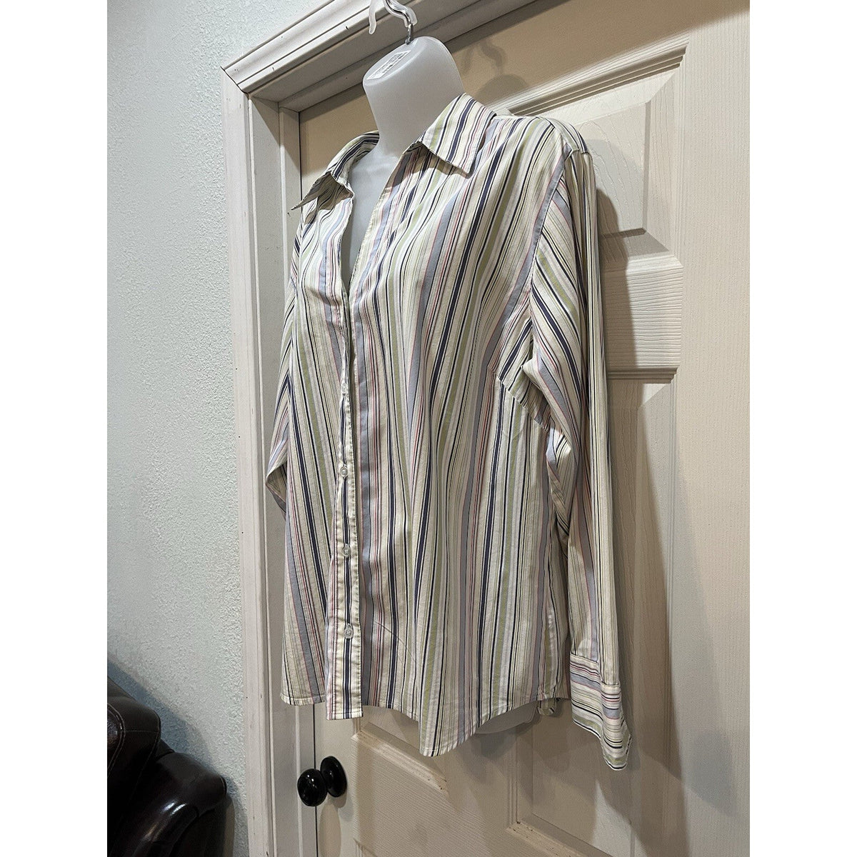 Bill Blass Jeanswear Multi–Blue Green Stripe Button up Women 1X Stretch Vintage