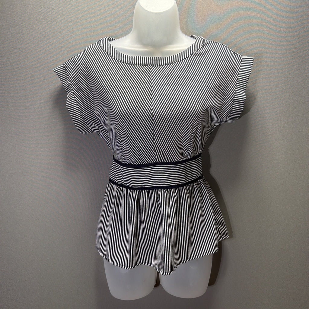 Monteau Los Angeles Top Navy White Striped Peplum Smocked Waist Sz Small NWOT