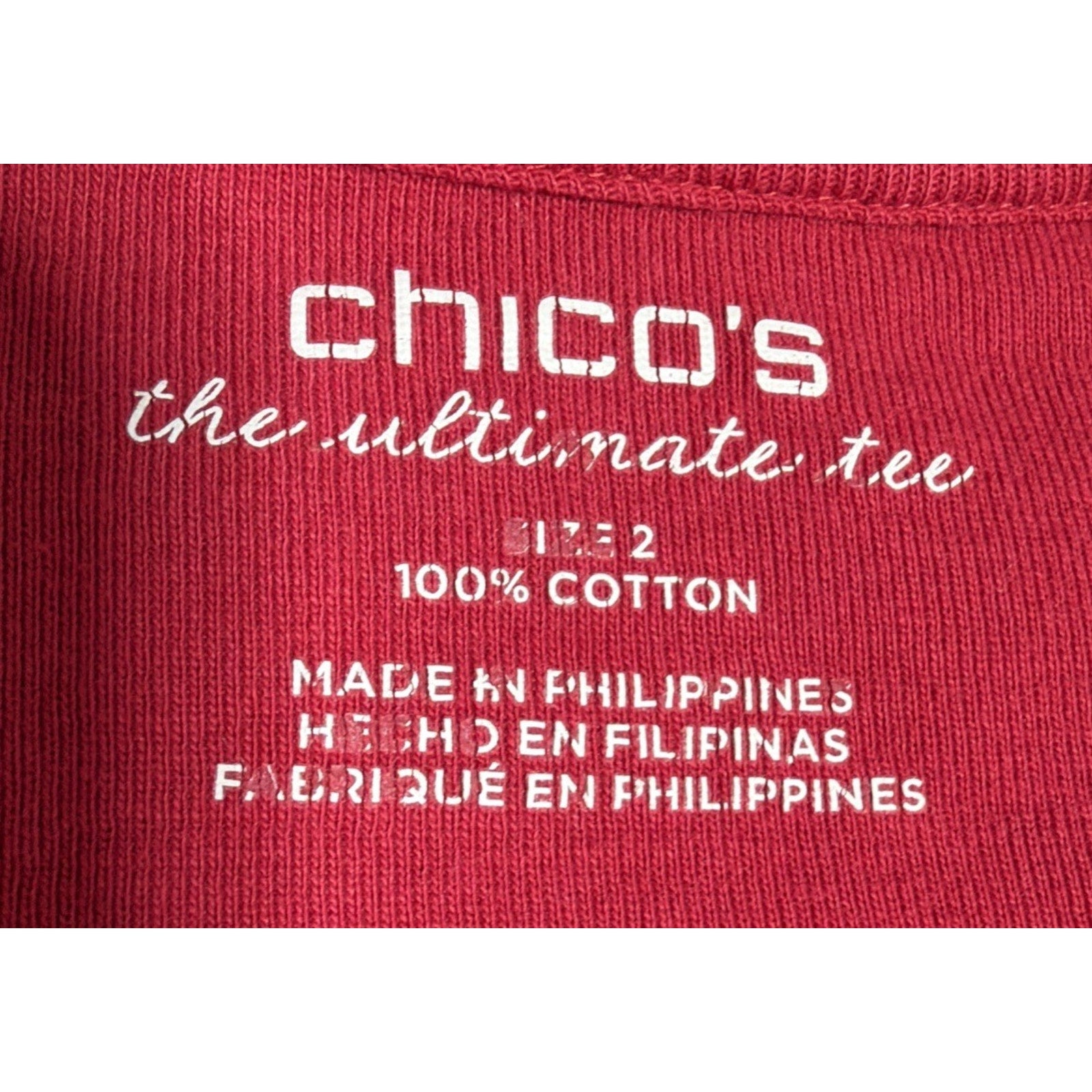 Chico's Women The Ultimate Tee Size L Red Pima cotton 3/4 Sleeve Shirt
