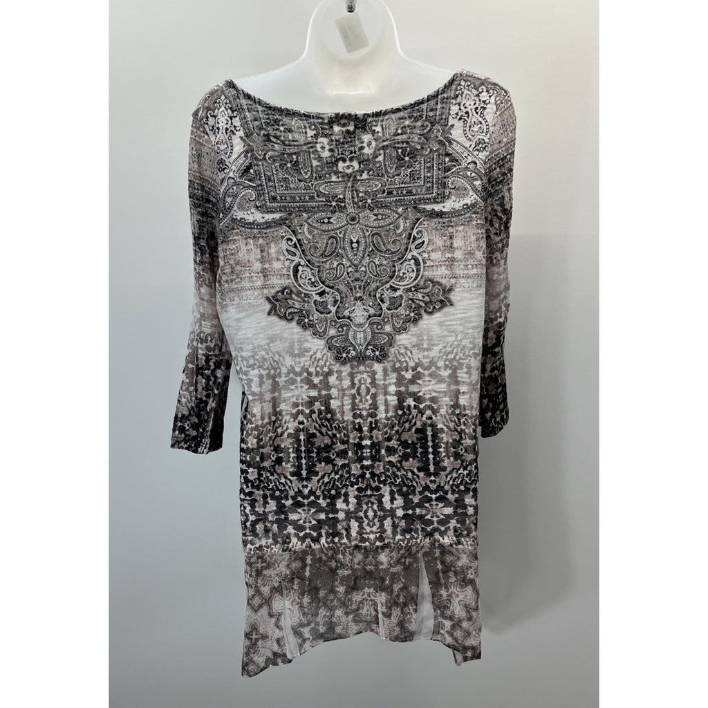 Energe World Wear Jewled Grey Printed 3/4 Sleeve Tunic Blouse Size L