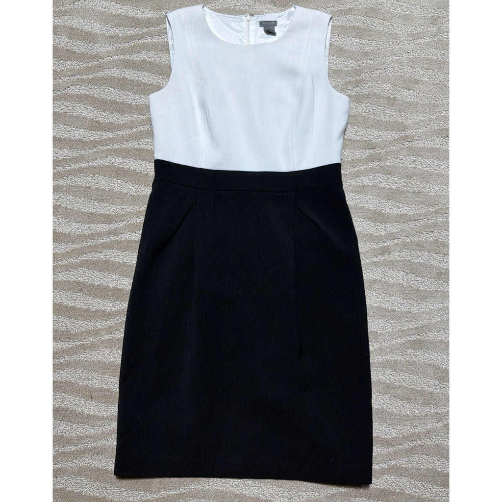 Ann Taylor Loft Black White Lined Color Block Combo Sheath Dress Size 10 Nice!