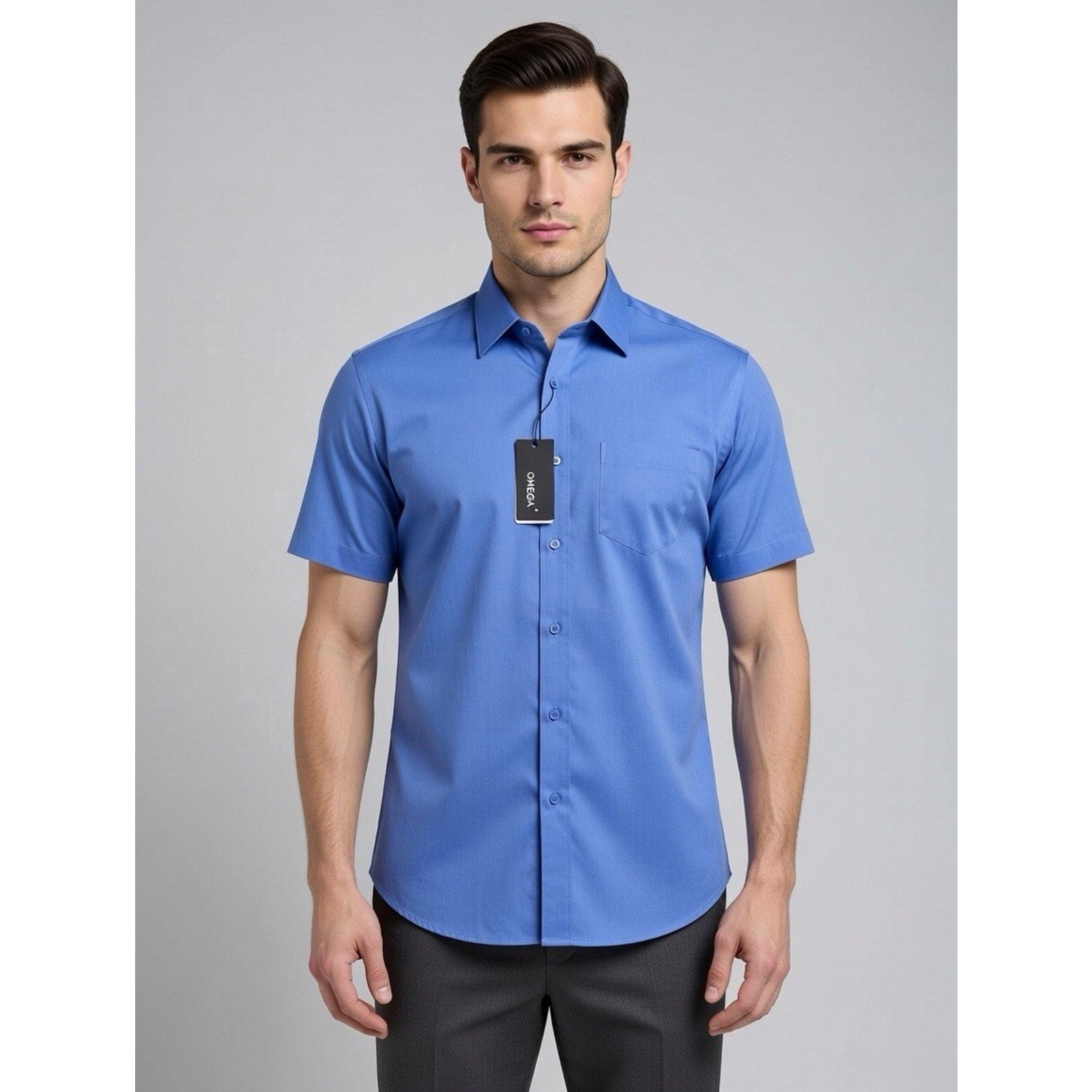 Men's Dress Shirt Button Down OMEGA Italy Designer Short Sleeve XL Blue
