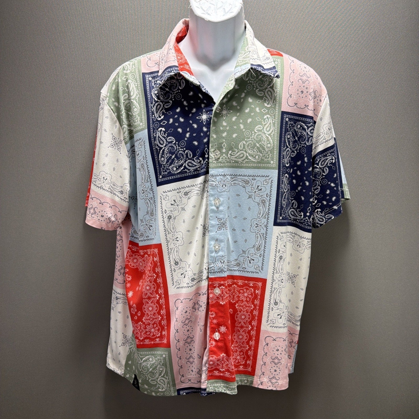 Brooklyn Standard Patchwork Paisley Bandana Mens Short Sleeve Shirt Button Up L