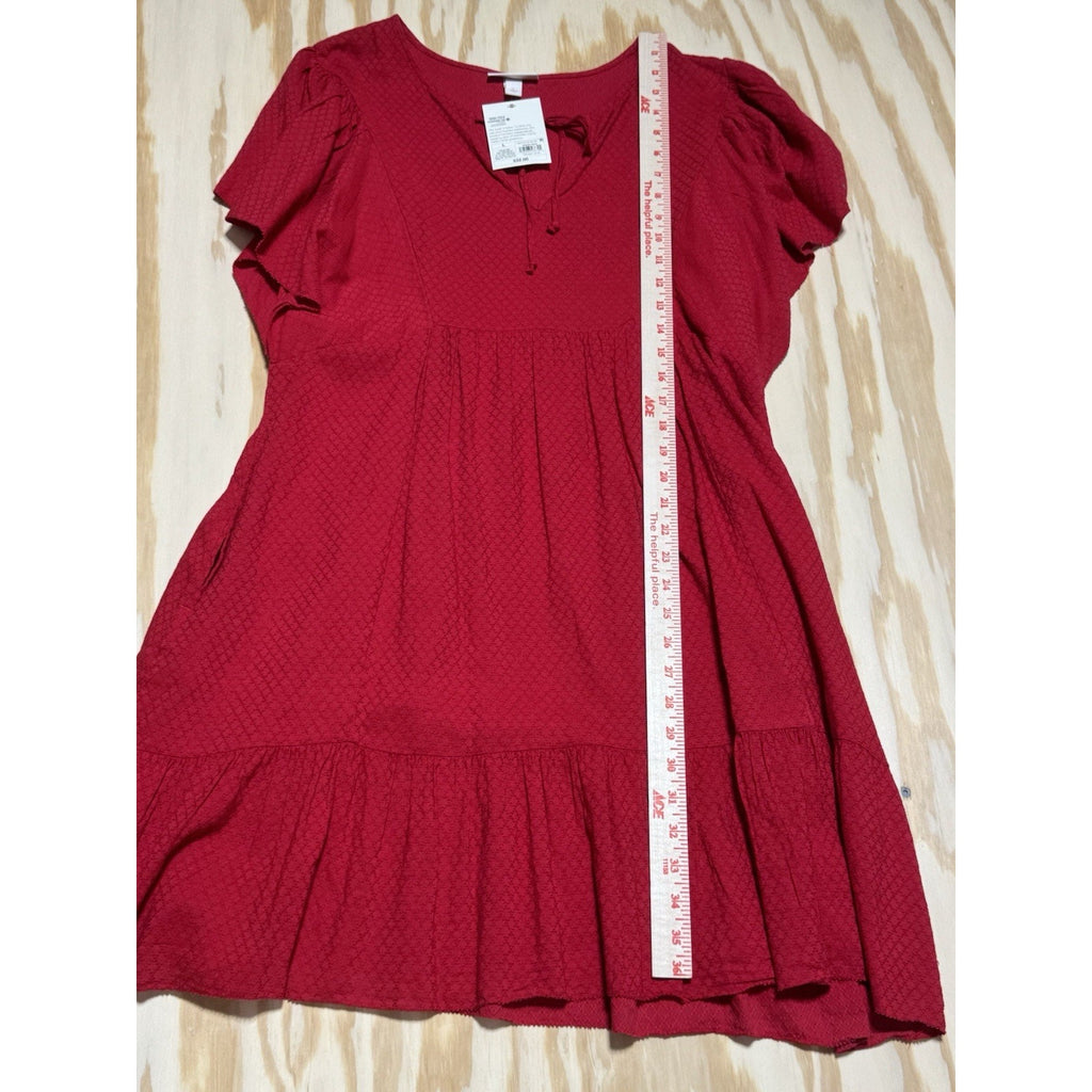 NWT Knox Rose Dress Large Red Textured Tie Neck Flutter Sleeve Tiered Midi Boho