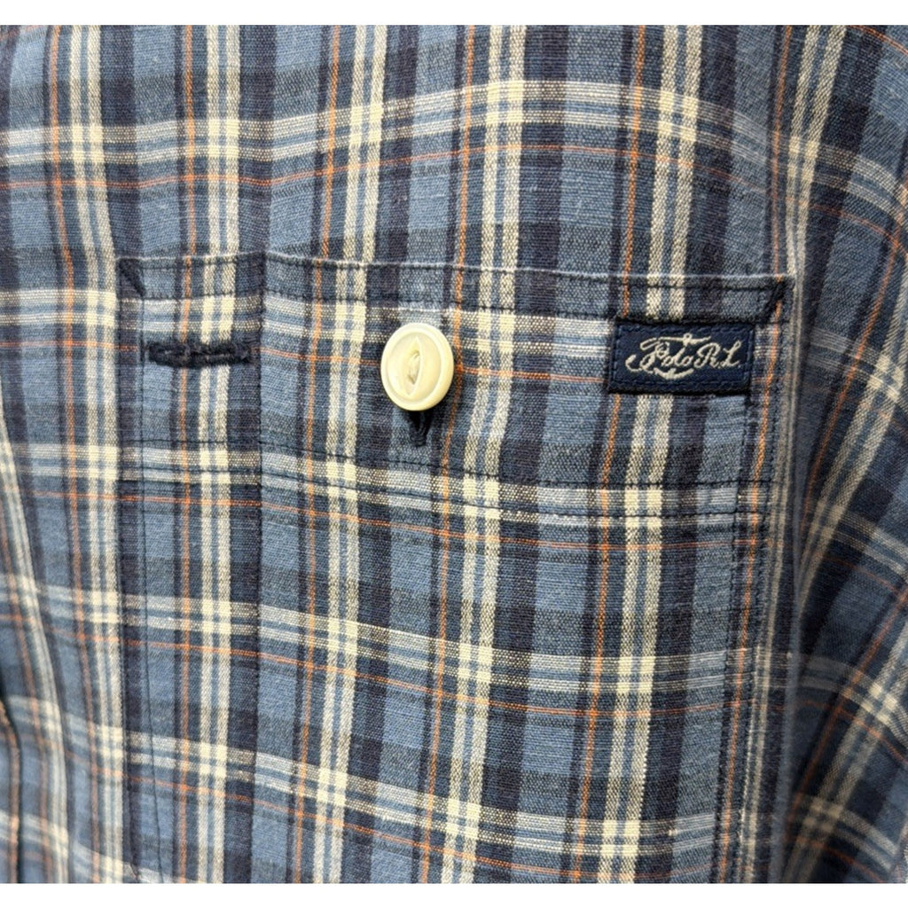 Ralph Lauren Polo Button Down Shirt XL Linen Multi Blue Plaid Preppy Casual