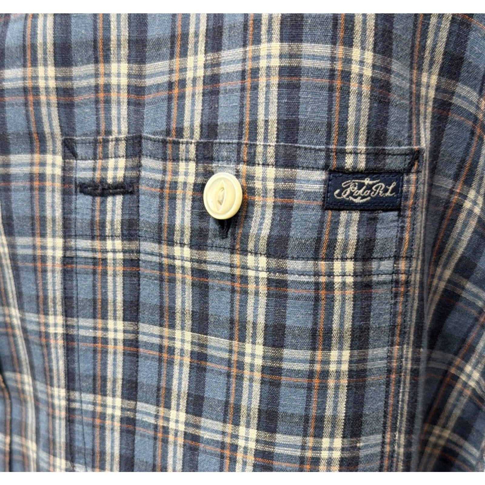 Ralph Lauren Polo Button Down Shirt XL Linen Multi Blue Plaid Preppy Casual