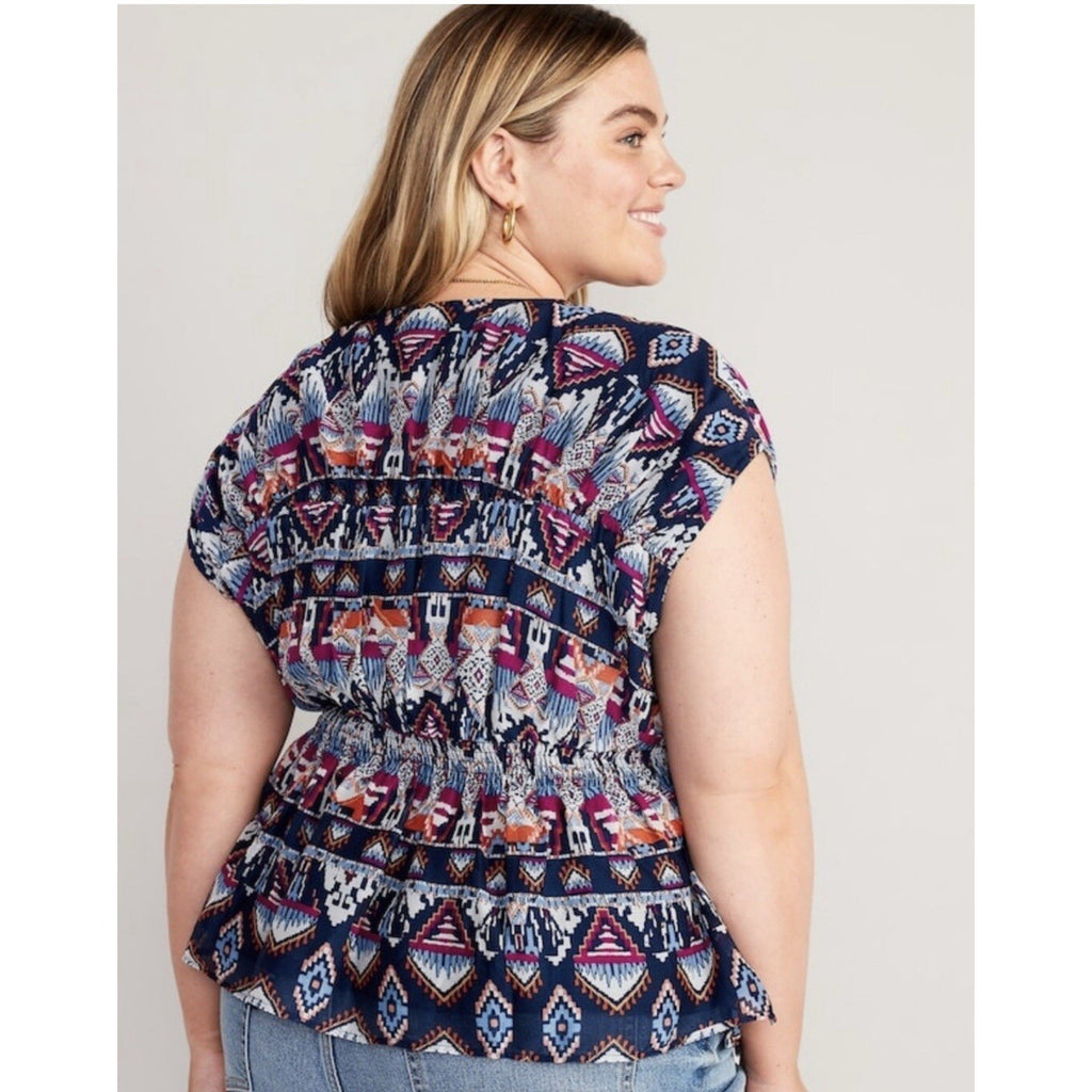 Old Navy Top Blue V-Neck Blouse Smocked Waist Cap Sleeve Geometric Women’s 2X
