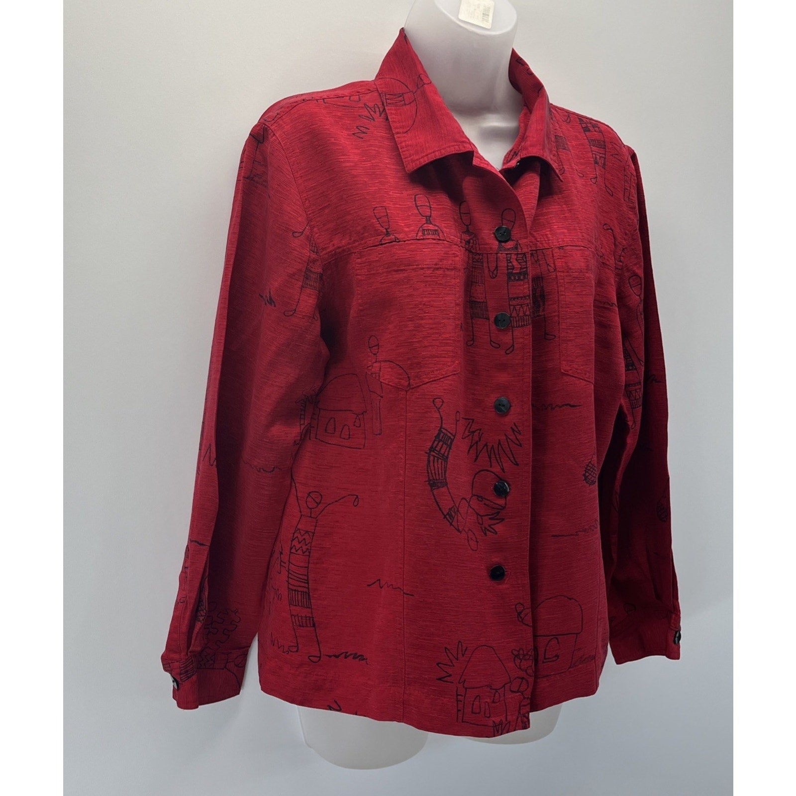 Chico's Design VTG Sz 2 L Red Wearable Art Silk Linen Button-Up Top - Beautiful!