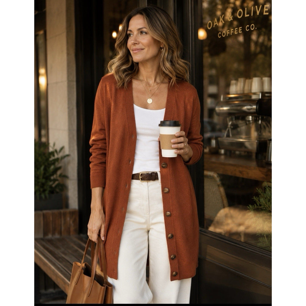 LOFT Women’s XS Rust Orange Long Cardigan Sweater V Neck Button Front Lightweigh