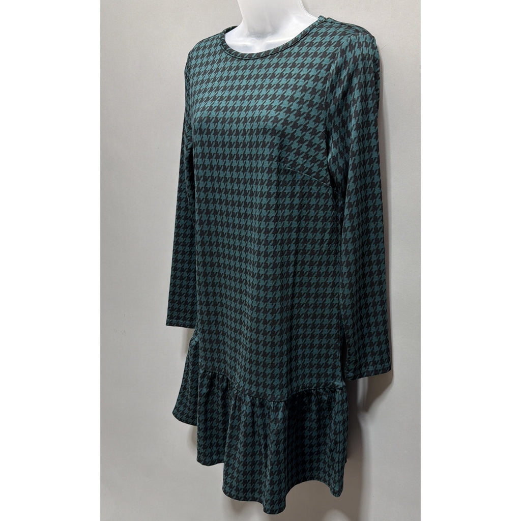 Women’s Loft Teal & Black Houndstooth Flounce Swing Dress, Size Small