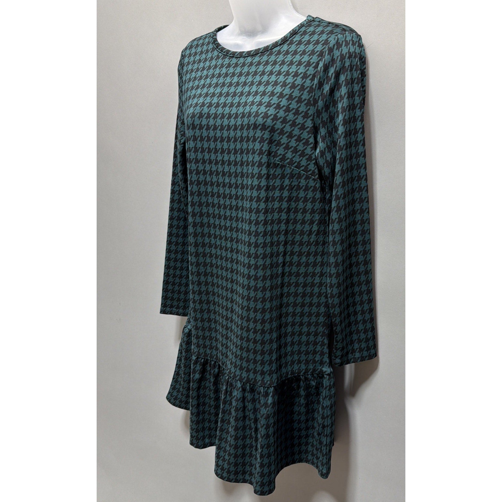 Women’s Loft Teal & Black Houndstooth Flounce Swing Dress, Size Small