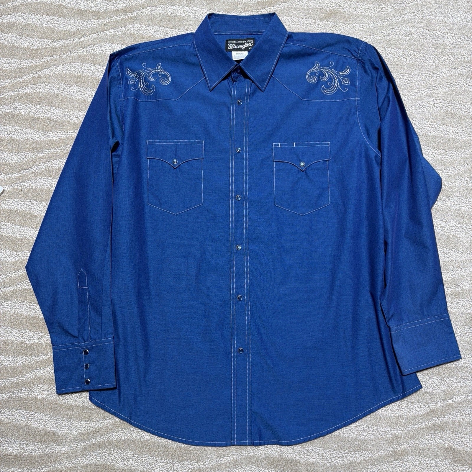 Wrangler Mens XL Blue Western Snap Shirt Embroidered Cowboy Rodeo Pearl Snaps