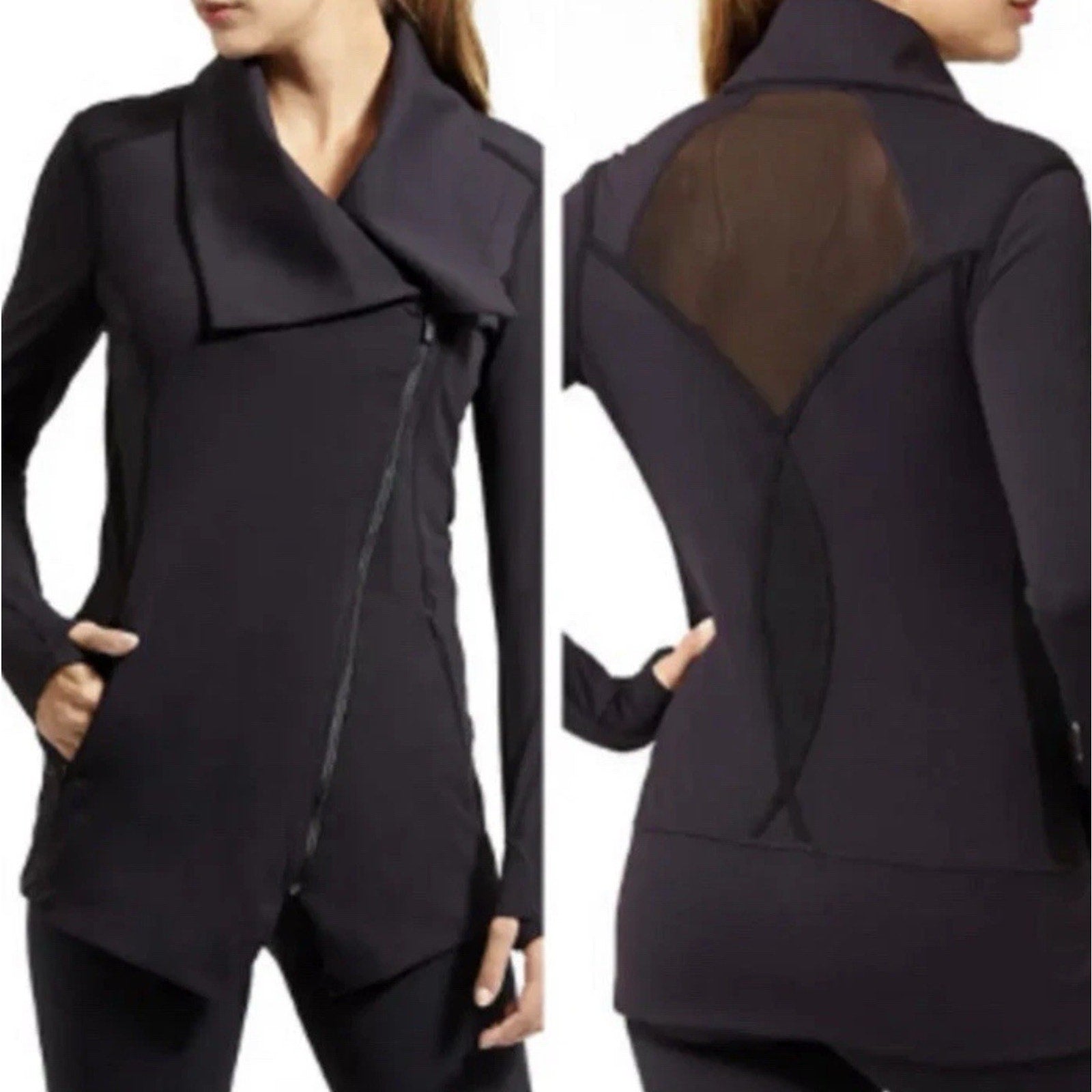 Athleta Blissout Assymeyrical Zip Jacket Sheer Back Black Athletic Women’s XS