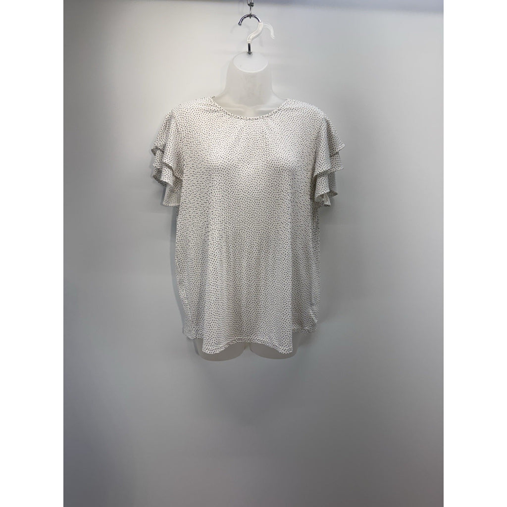 Adrianna Papell Top White Black Polka Dots Ruffle Short Sleeve Blouse Women’s M