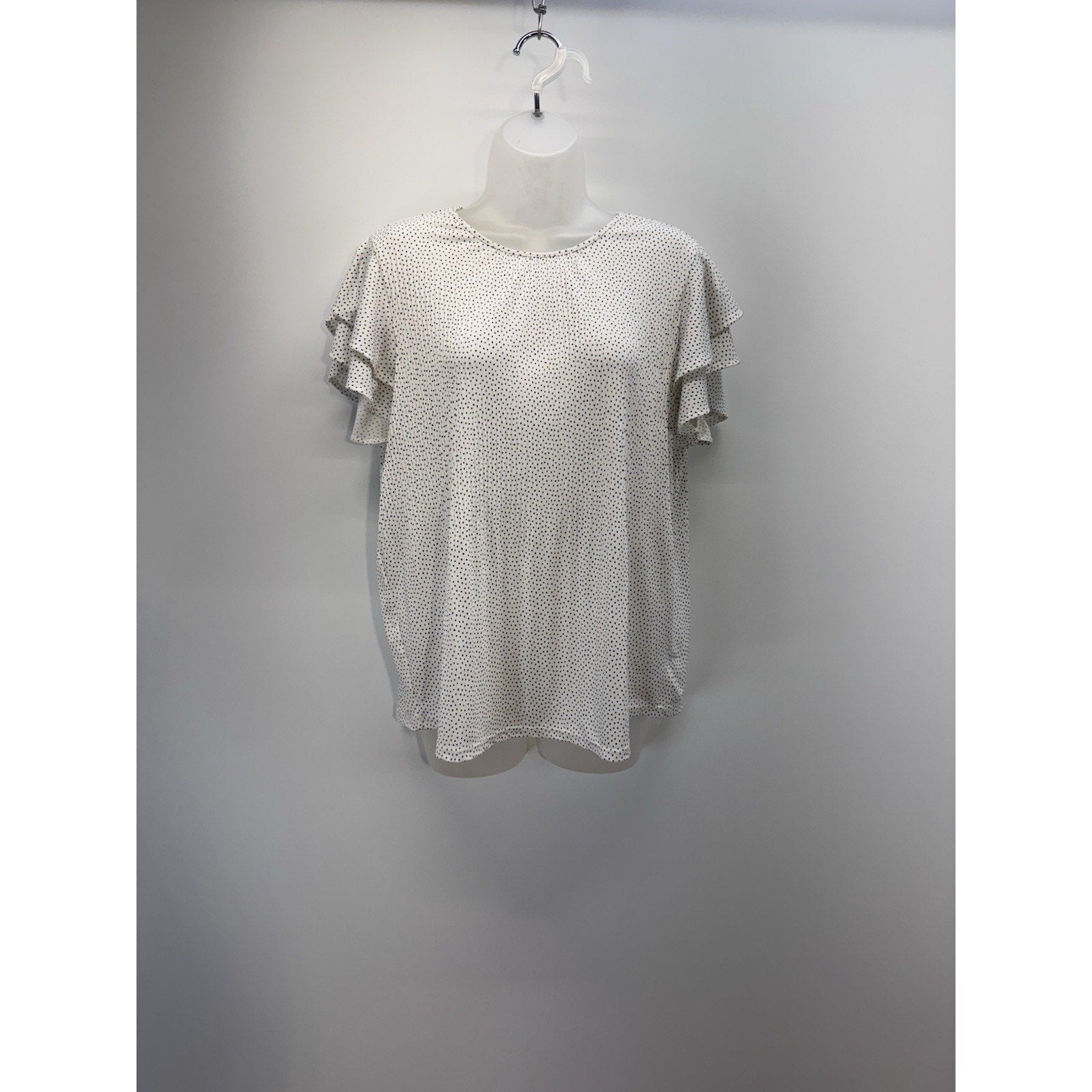 Adrianna Papell Top White Black Polka Dots Ruffle Short Sleeve Blouse Women’s M