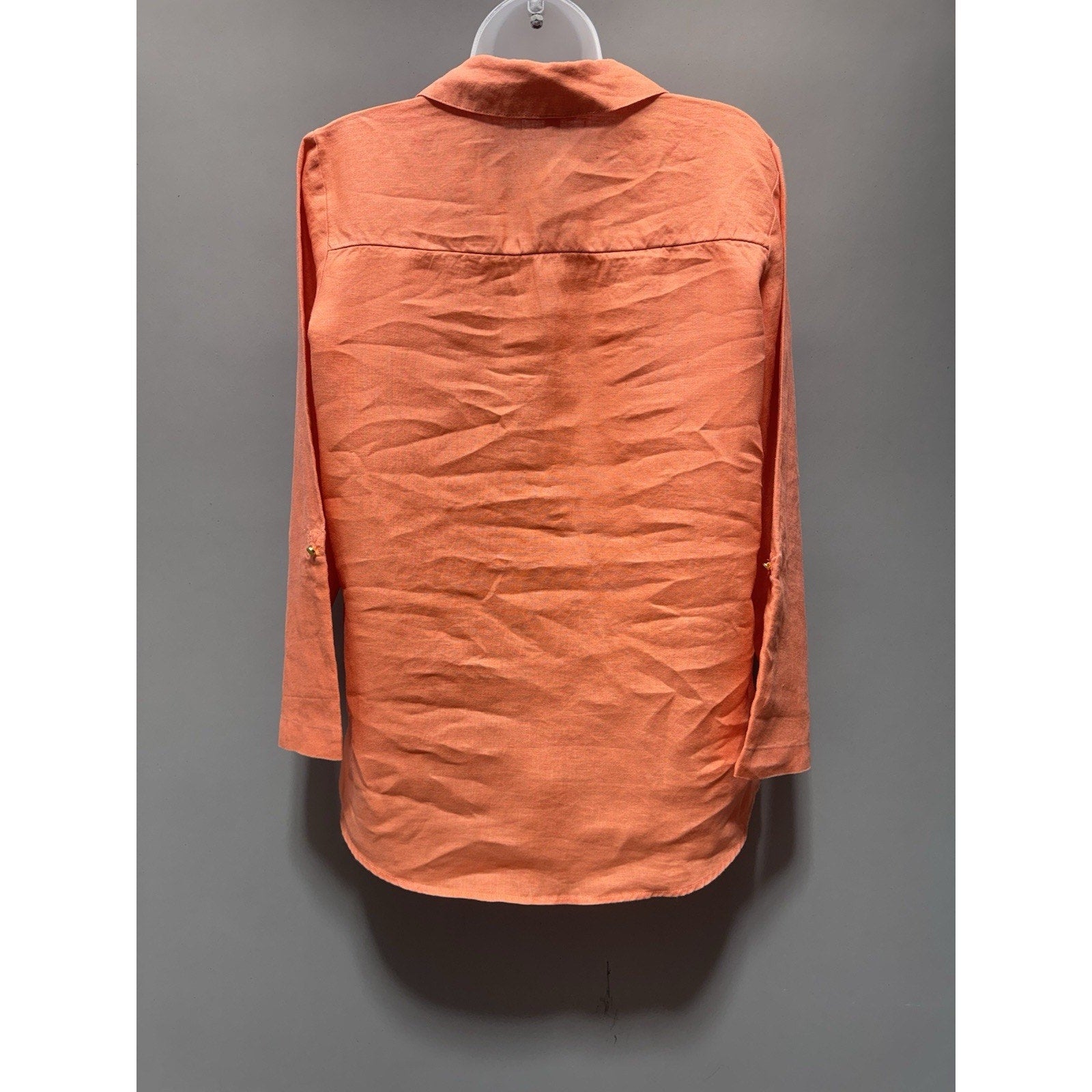 Ellen Tracy 100% Linen Blouse Womens M Coral Orange Tunic Popover 3/4 Sl
