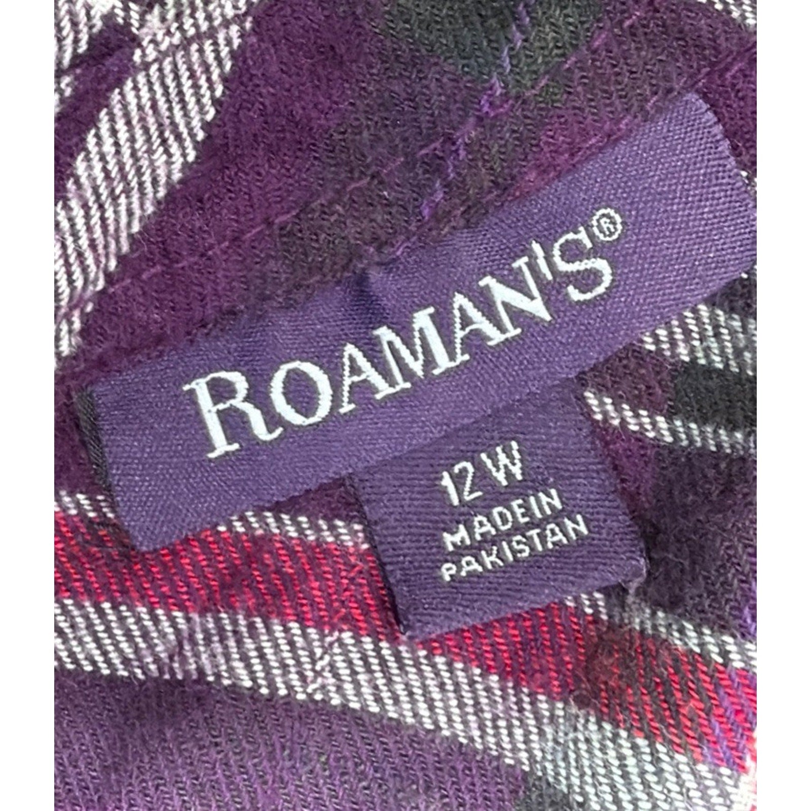 Roaman's Women's Plus Size 12W Berry Plaid Button-Up Flannel Tunic Relaxed Fit