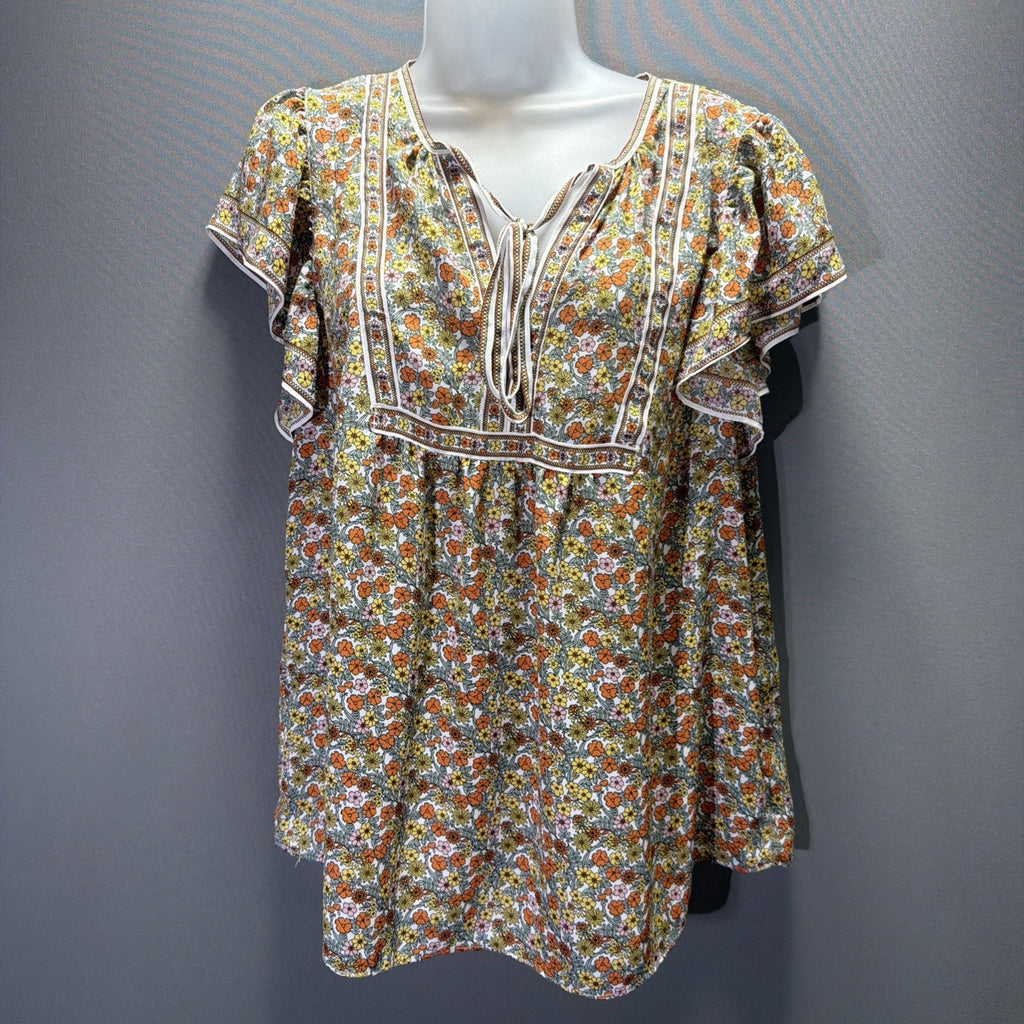 Max Studio Top Womens L Floral Boho Chic Ruffle Tie Neck Casual Career Shirt