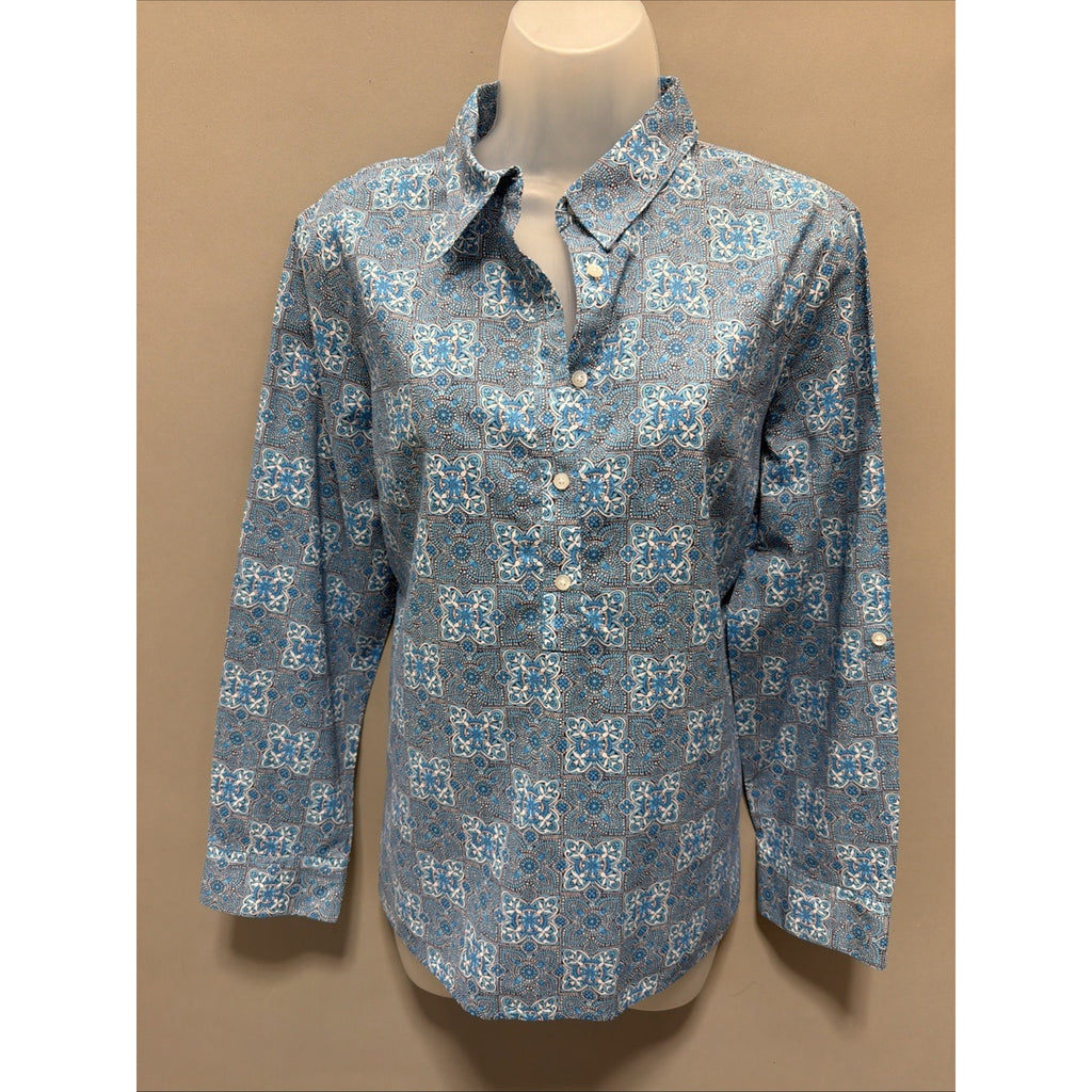 Talbots Popover Blue Medallion Scene Print 1/2 Button Shirt MP Career Casual
