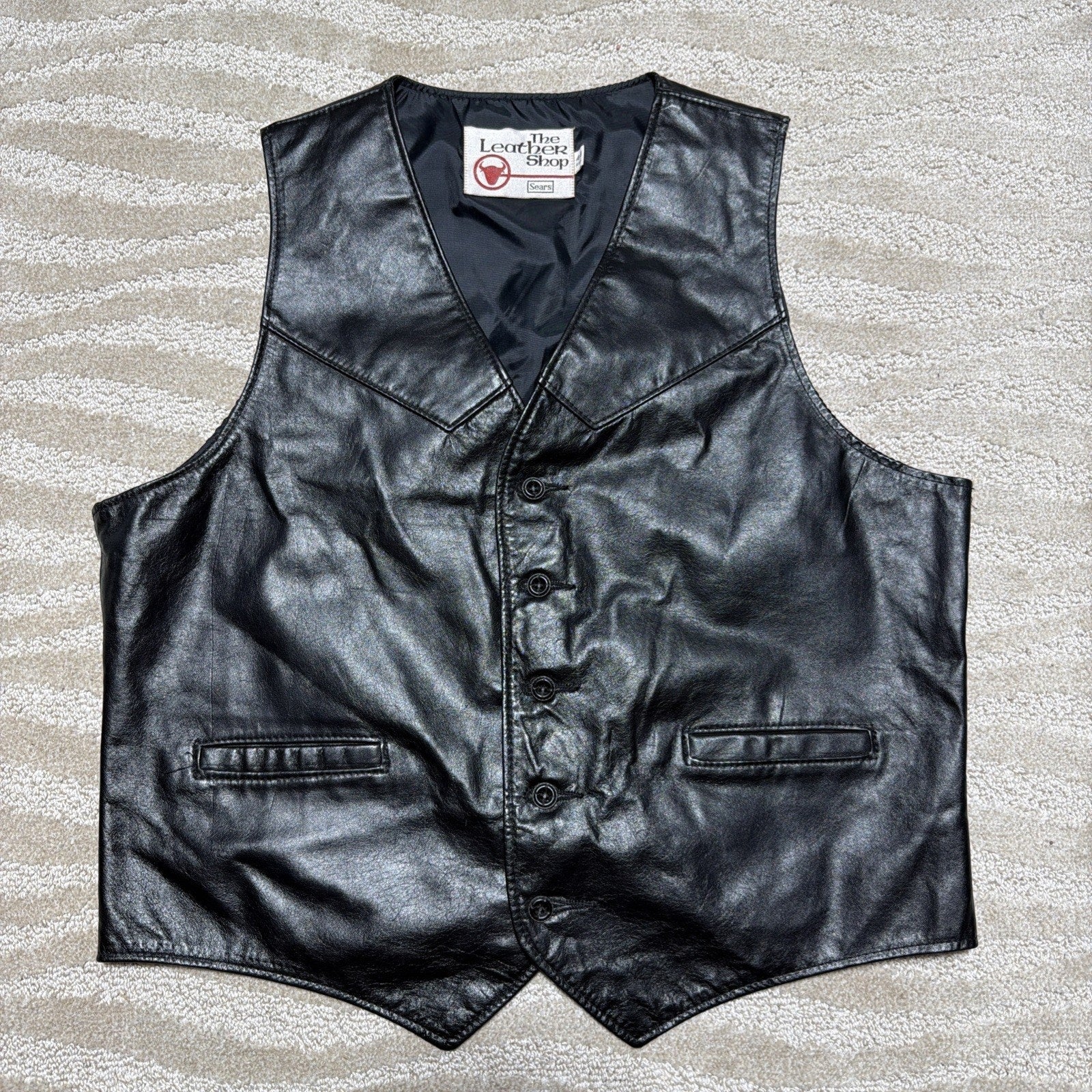 Vtg 70s Sears Leather Vest Mens 44 Black The Leather Shop Western Cowboy Biker