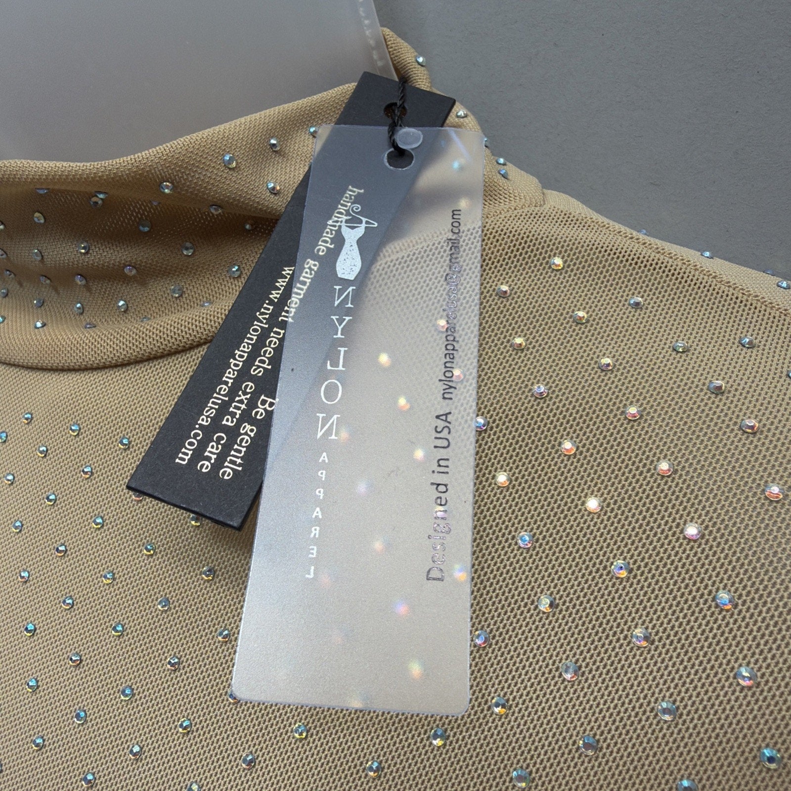 Nylon Apparel Rhinestone Studded Mesh Stretch Bodysuit Top Gold Large - New!