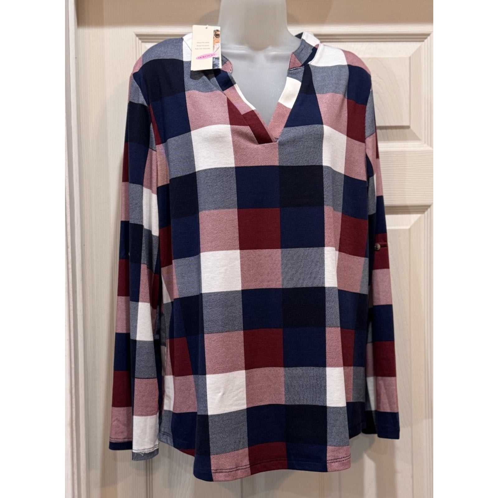 Dokotoo Long Sleeve Women’s Plaid V- Neck Shirt Pullover Blue Maroon XL NWT