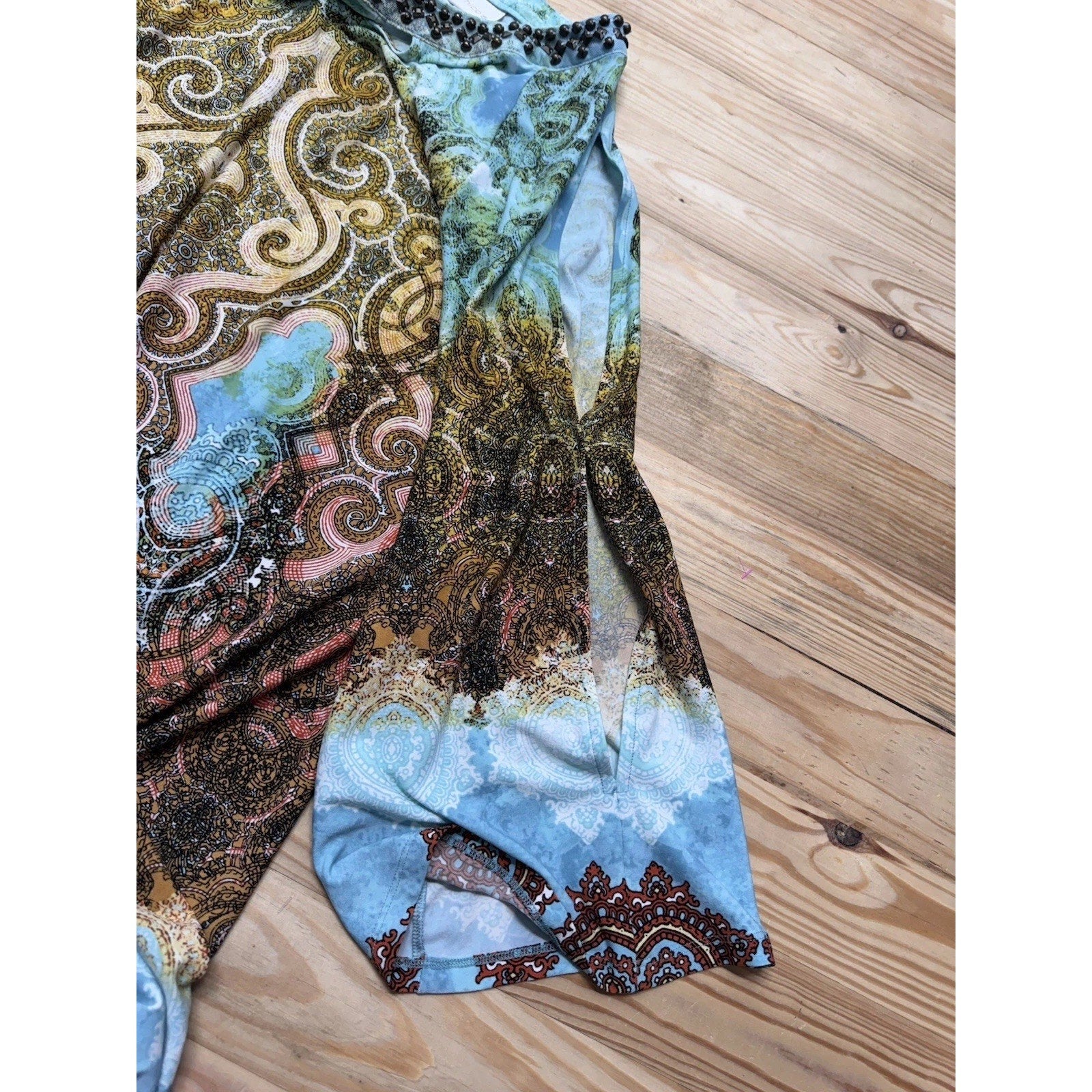 Chicos Cut Out Long Sleeves Beaded Neck Dress Aqua Print Size 3 (US XL)