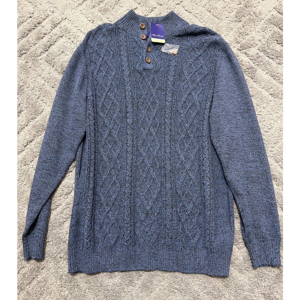 Alan Flusser Men's Blue 1/4 Button Cable Knit Sweater Preppy Casual XXL New