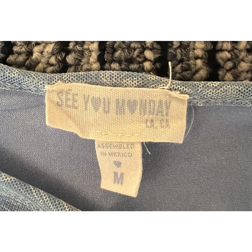See You Monday Y2K Mini Dress Blue Paisley Sheer mesh Size Medium Stretch