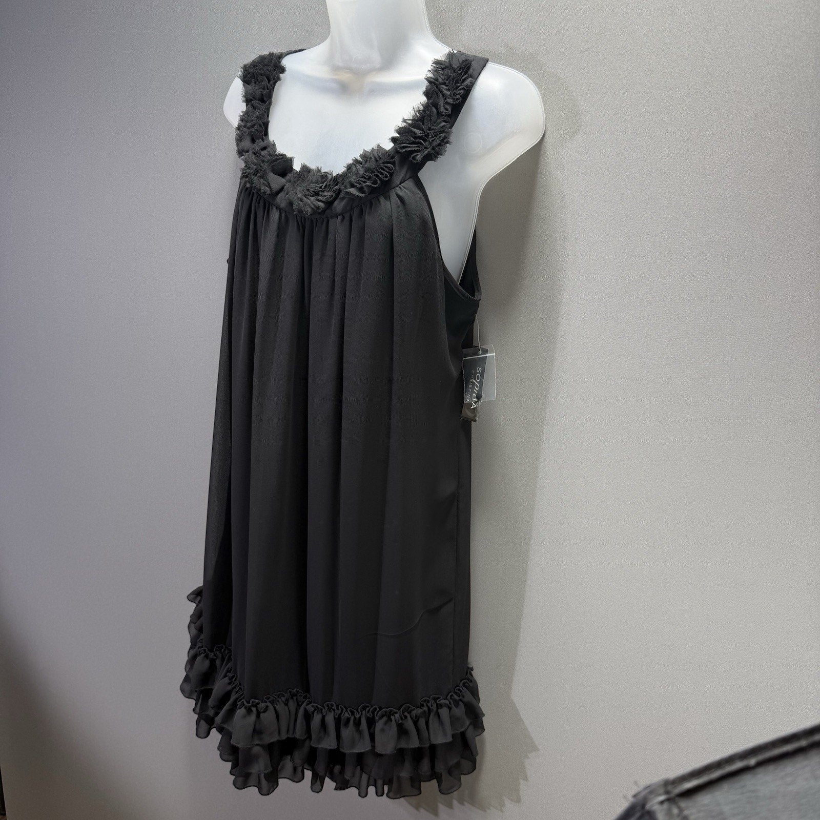 Sophia Christina Dress Womens 16 Black Ruffle Sleeveless Chiffon Cocktail NWT