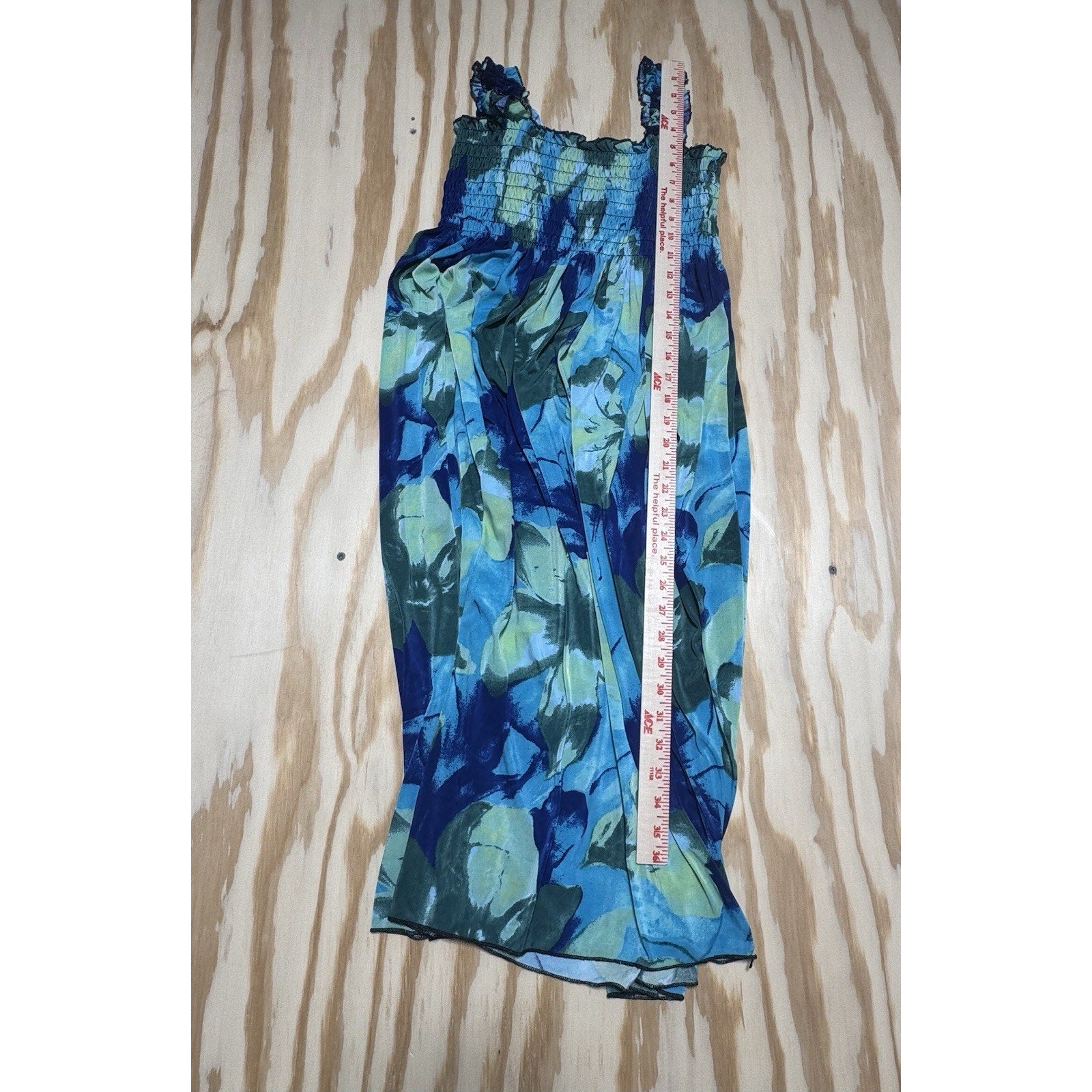 The Drop Smocked Floral Maxi Dress Square Neck Strappy Blue Green XL