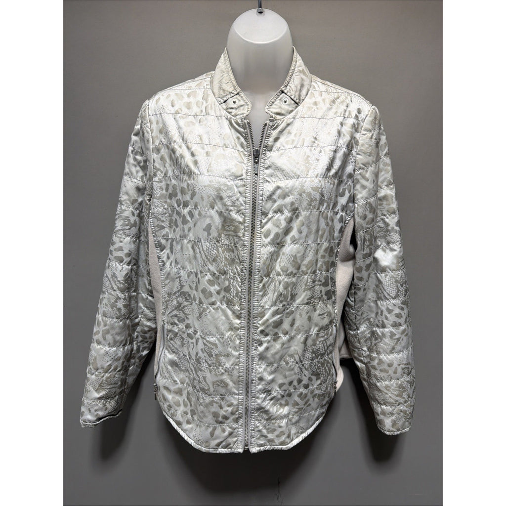 Chicos Puffer Jacket Gray metallic Animal Print Zip Up Stretch Sz 2 large