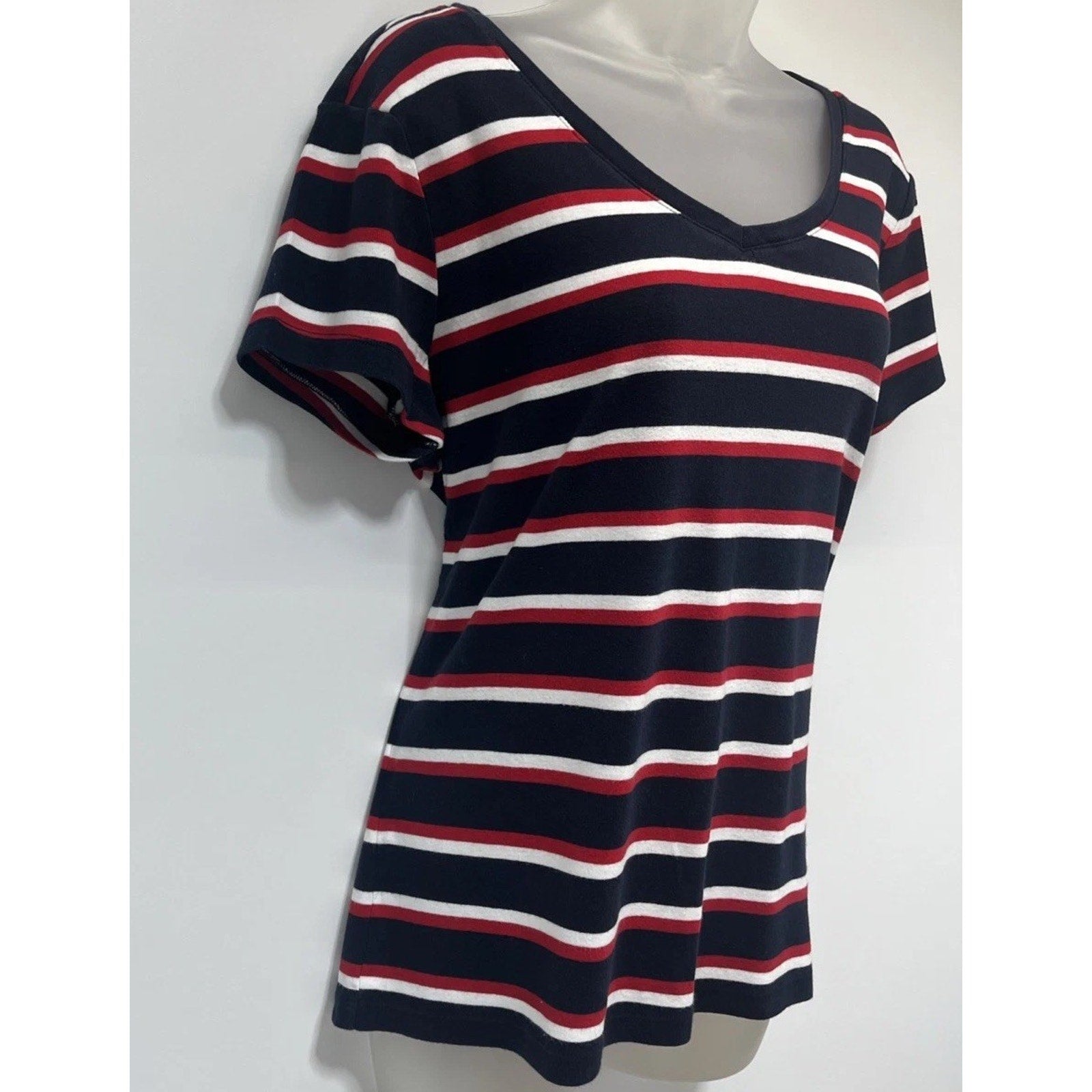 Tommy Hilfiger Women’s Short Sleeve V Neck Blue Red & White Stripes Shirt XL