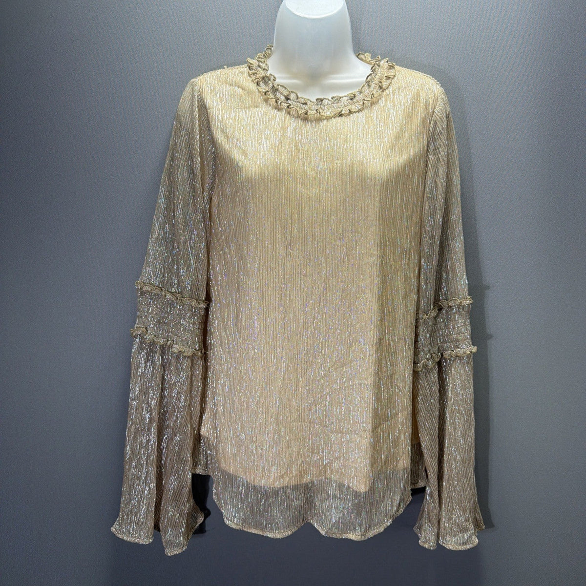 Savanna Jane Champagne Gold Metallic Bell Sleeve Boho Top Tired Ruffle Sleeve S