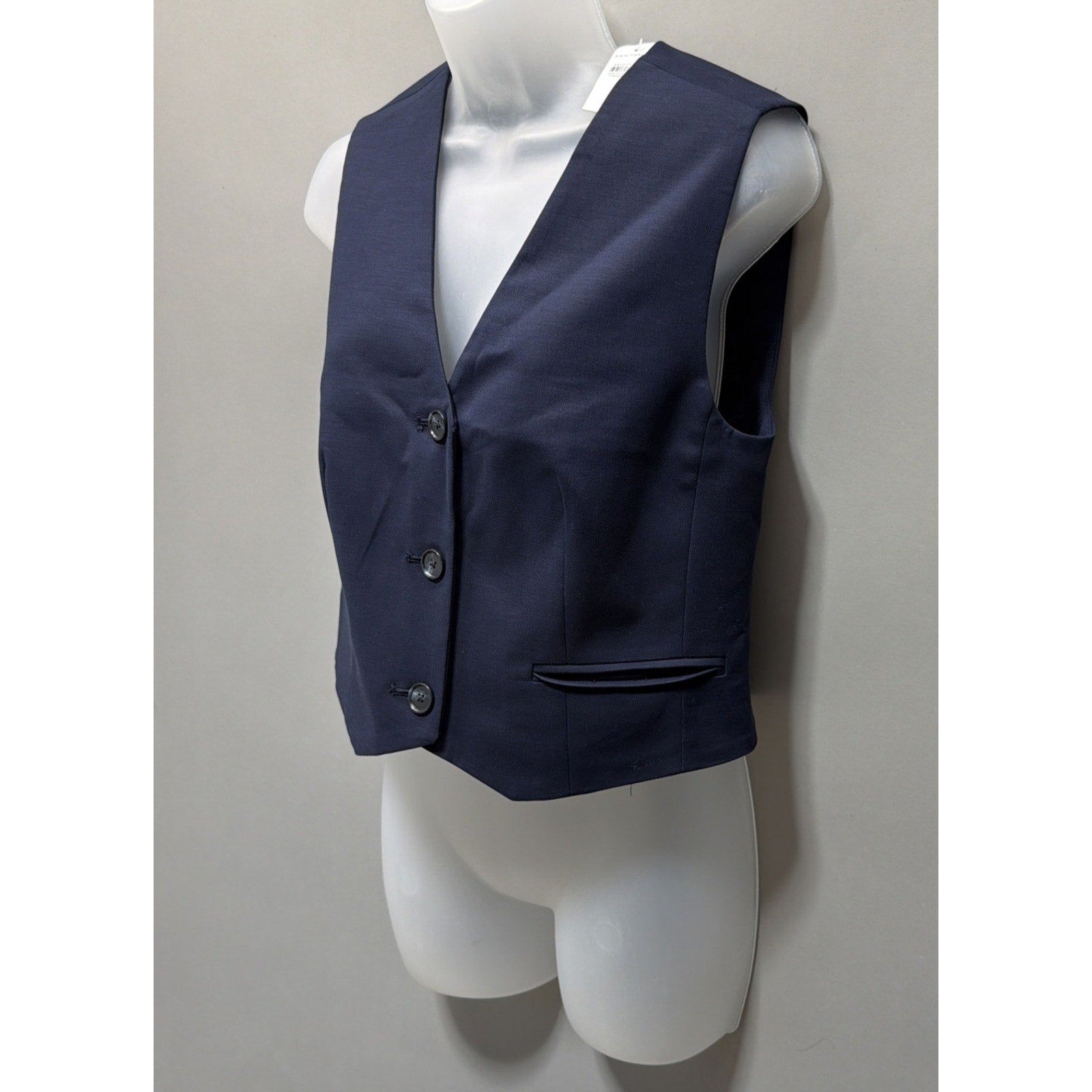 New Ann Taylor Loft Womens 4 Crop Vest Lined V Neck Pockets Stretch Navy Blue