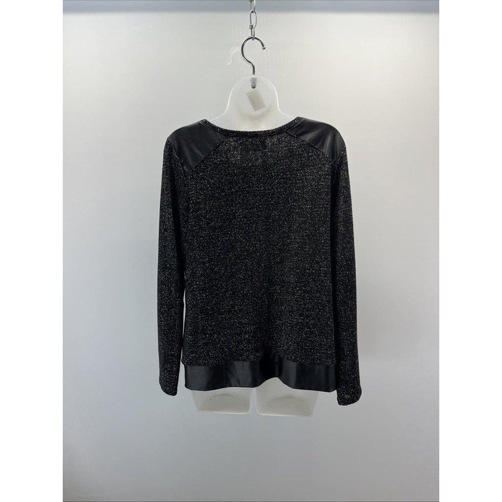 Chico's Womens Metallic Faux Leather Trim Blouse Size 1 Black Long Sleeve