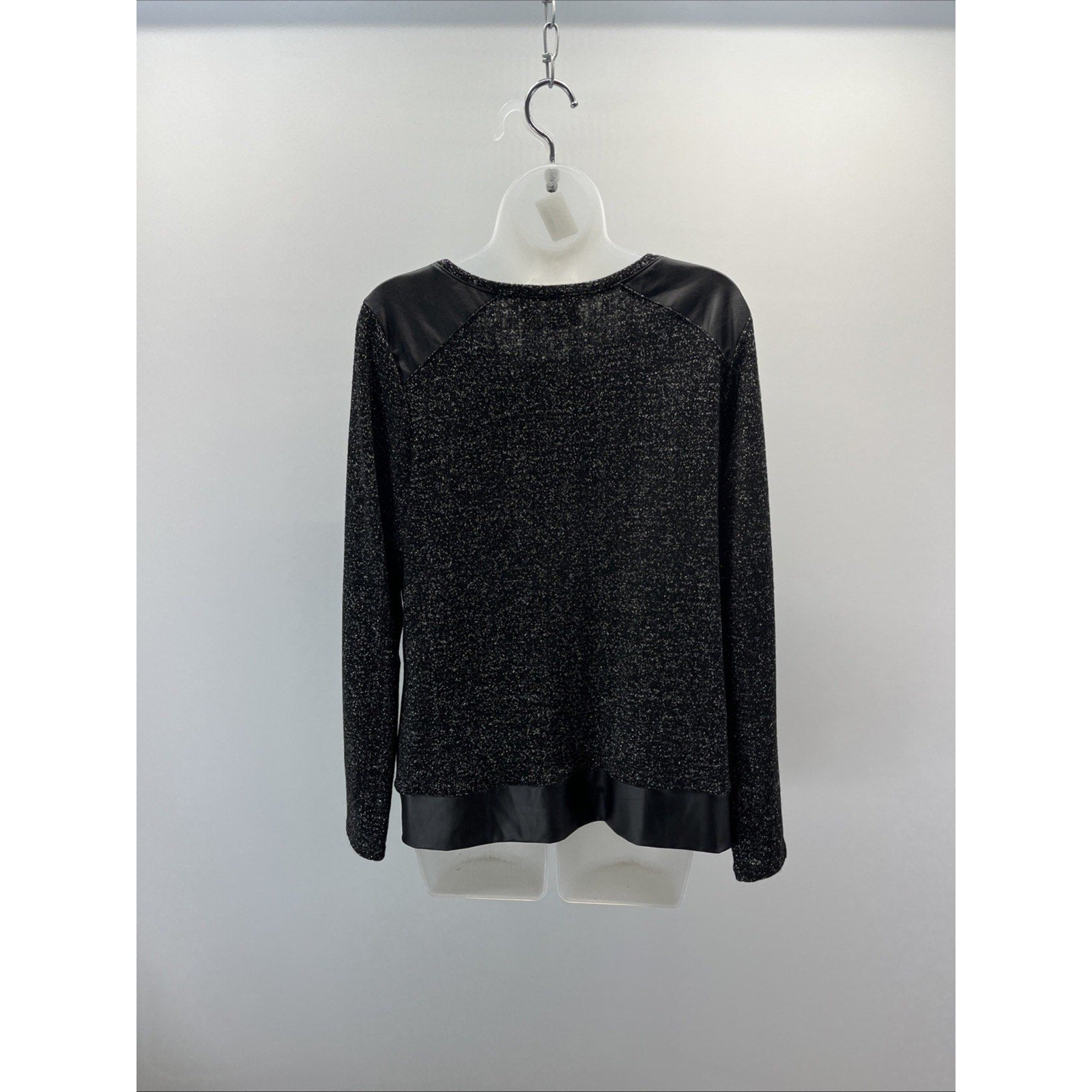 Chico's Womens Metallic Faux Leather Trim Blouse Size 1 Black Long Sleeve