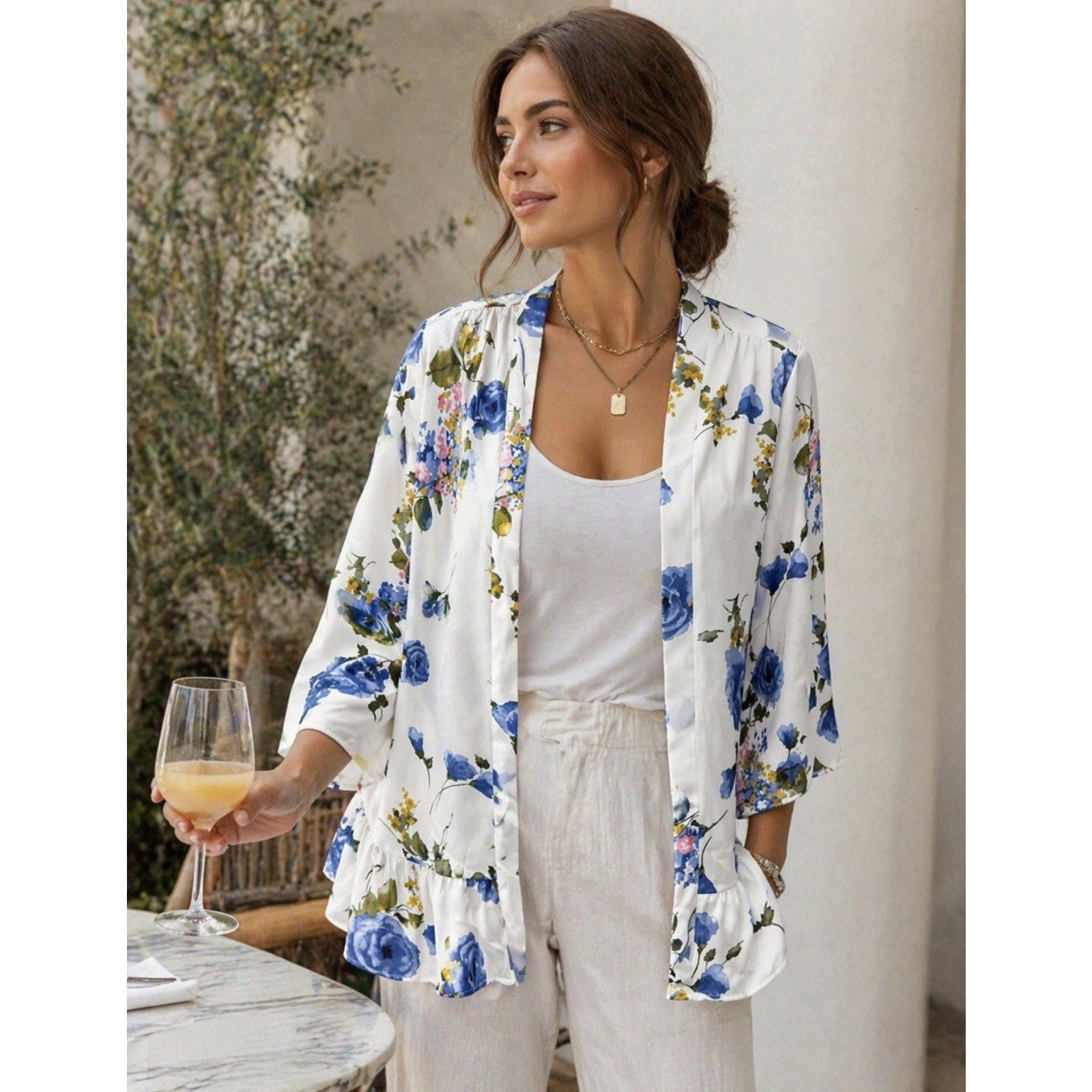Les Amis Women’s Large Floral Kimono Cardigan White Blue Roses Peplum Ruffle USA