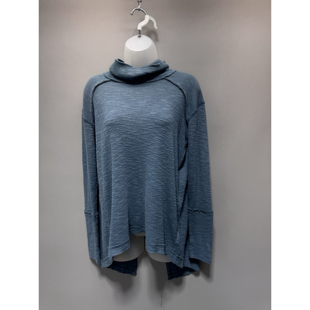 Free People We The Free Split Back Turtleneck Thermal Top Blue Boho Long Sleeve