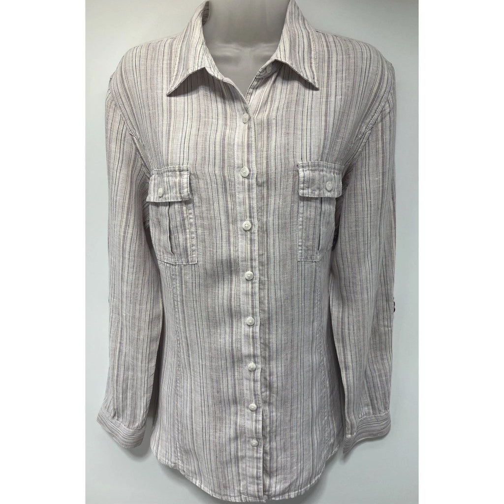 Coldwater Creek Womens L Pastel Multicolor Striped 100% Linen Shirt Button Up