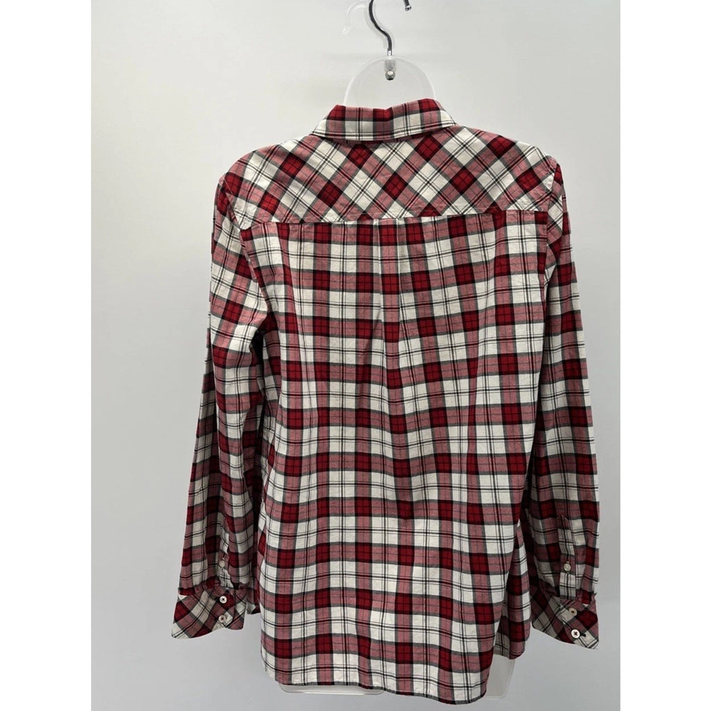 Talbots L Top Large Red White Gold Plaid Button Up Blouse Cozy Cabin Soft